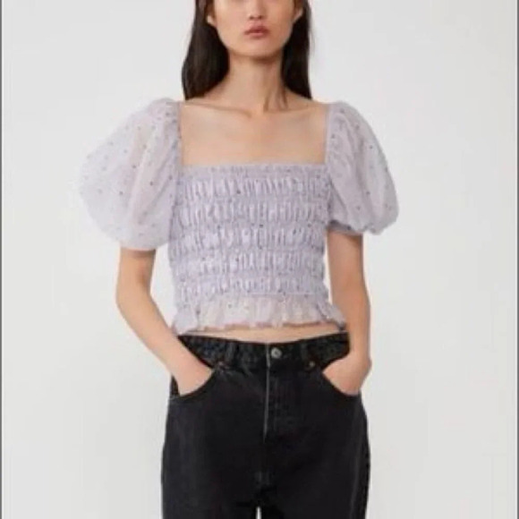 ZARA Polka Dot Organza Top Blouse Smocked Puff Sleeve - Picture 3 of 10